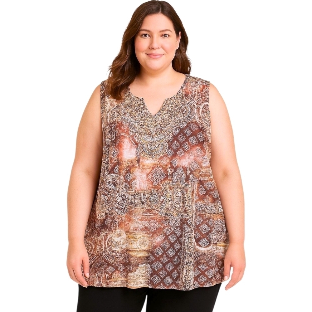 Catherines 3X Sleeveless Embellished Top Boho Baroque Paisley Gold Rhinestone